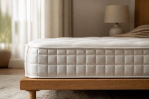 厚さ約18cmのマットレスの側面が見える朝の寝室