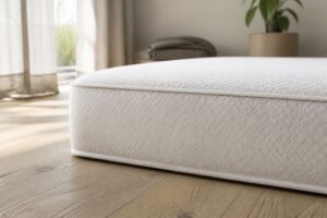 フローリングに直接置かれた厚手のマットレスと朝の窓明かり