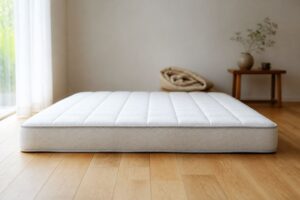白い極厚マットレスを寝室の床に敷いた様子