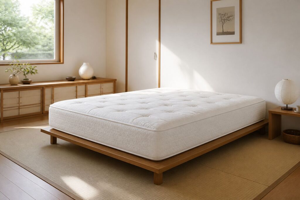 厚みのあるマットレスを整えた明るい寝室と朝の光