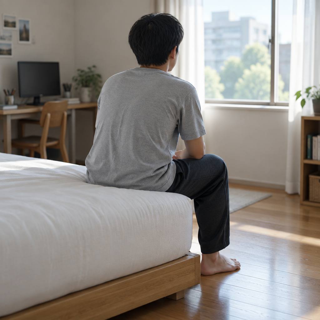 ベッドの端に腰かけて足を床につけた男性の後ろ姿