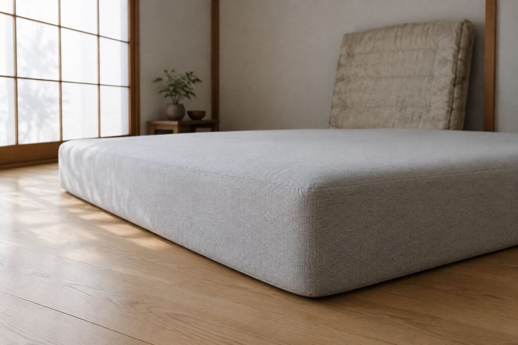床に直置きした厚さ約18cmのグレーのマットレス