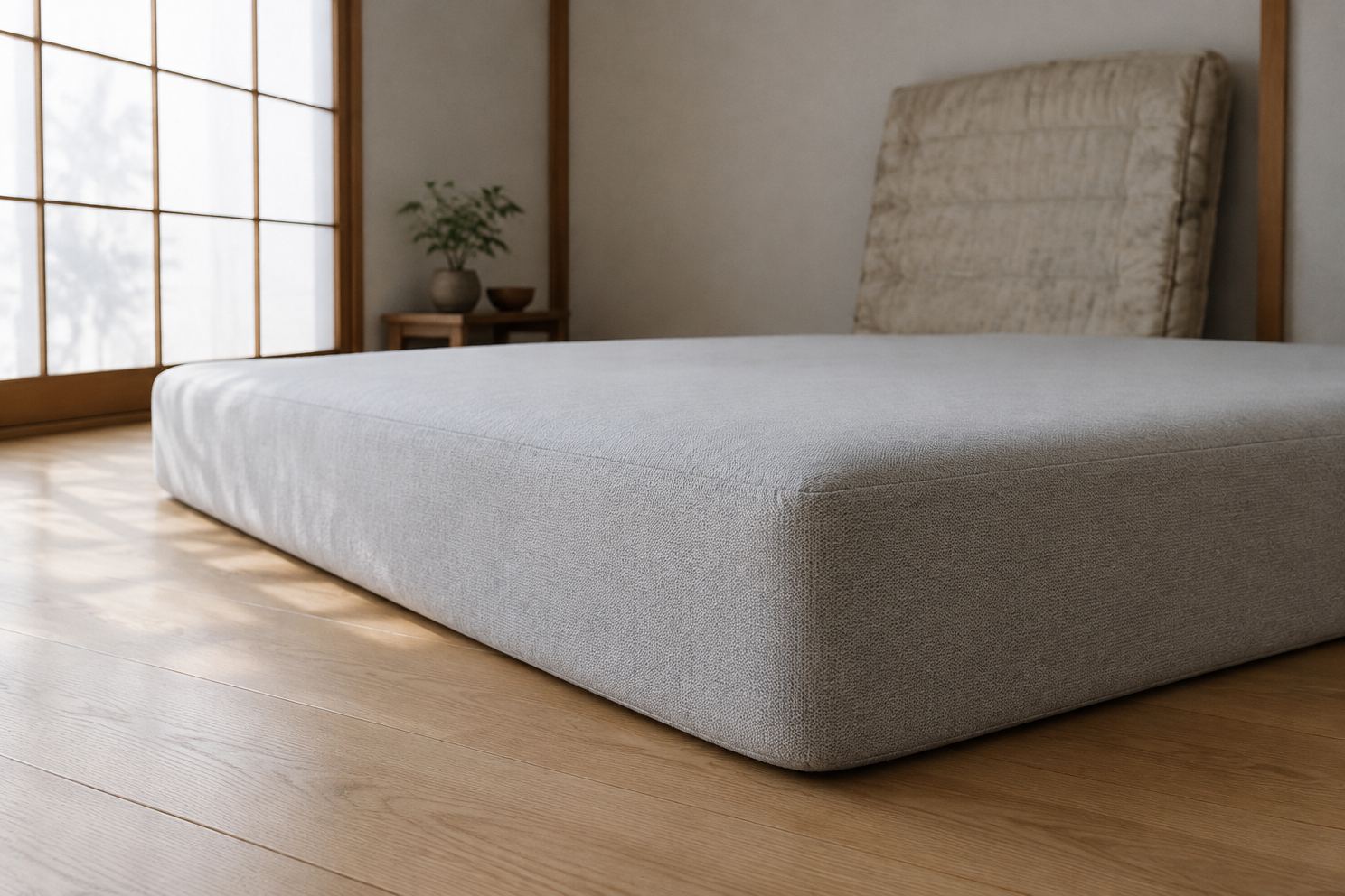 床に直置きした厚さ約18cmのグレーのマットレス