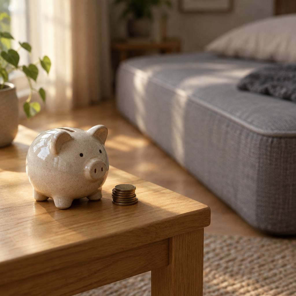 木のテーブルに置いた陶器の貯金箱と硬貨