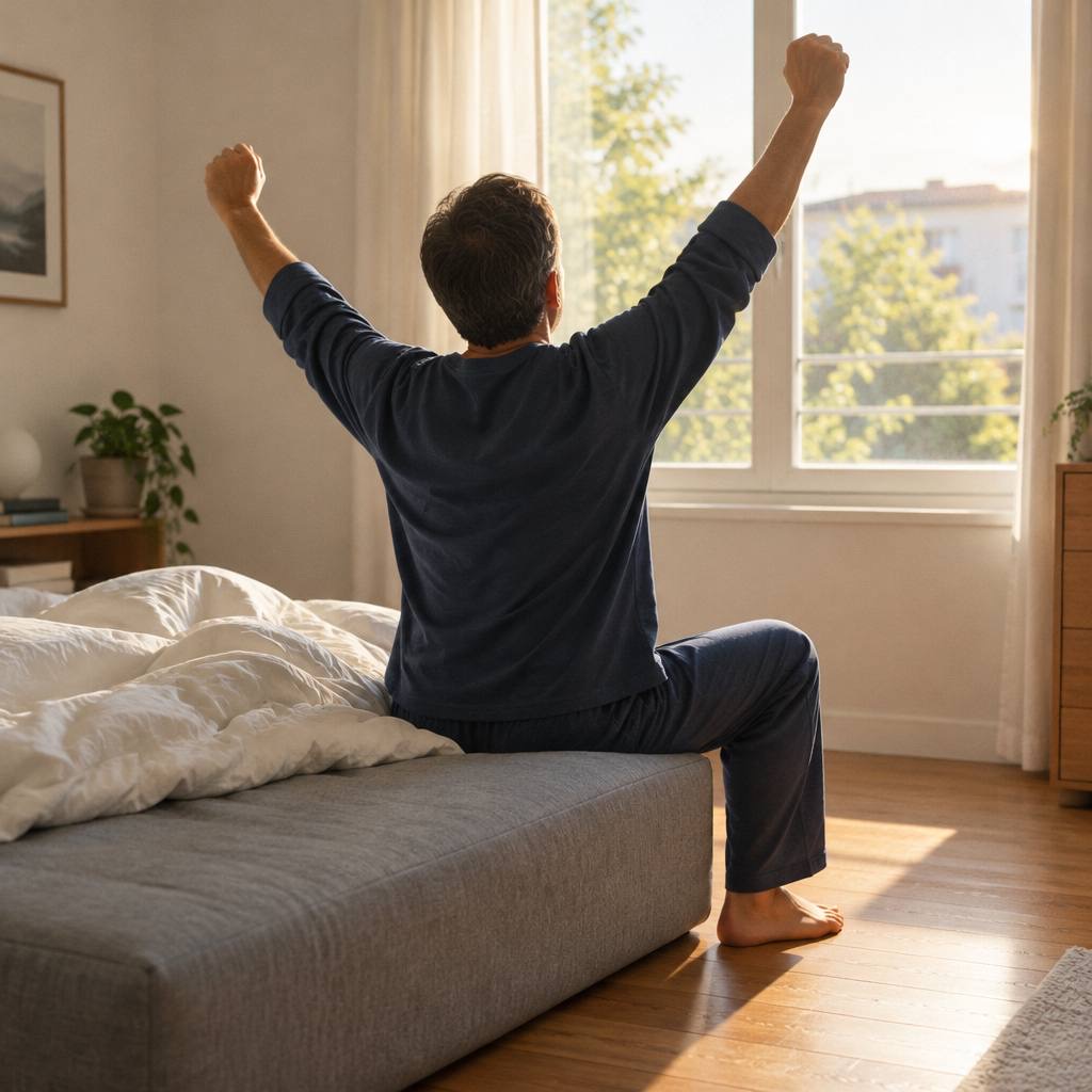 厚いマットレスに座って朝に伸びをする男性の後ろ姿