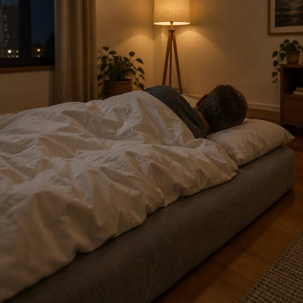 夜、厚いマットレスで横になる男性の後ろ姿